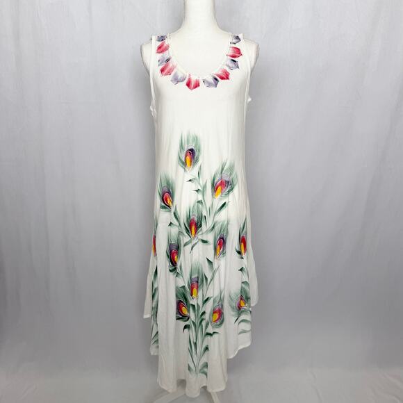 Seven Islands White Embroidered Peacock Print Handkerchief Hem Midi Dress S - Picture 1 of 10